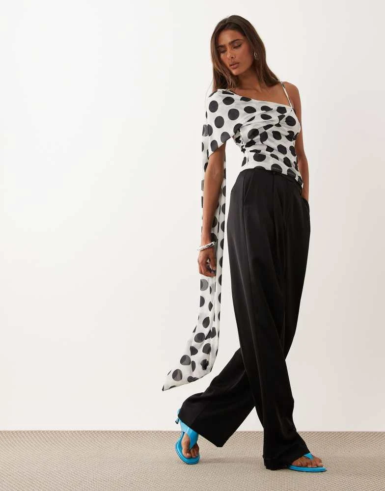 ASOS ASOS DESIGN stretch chiffon scarf wrap top in mono polka dot