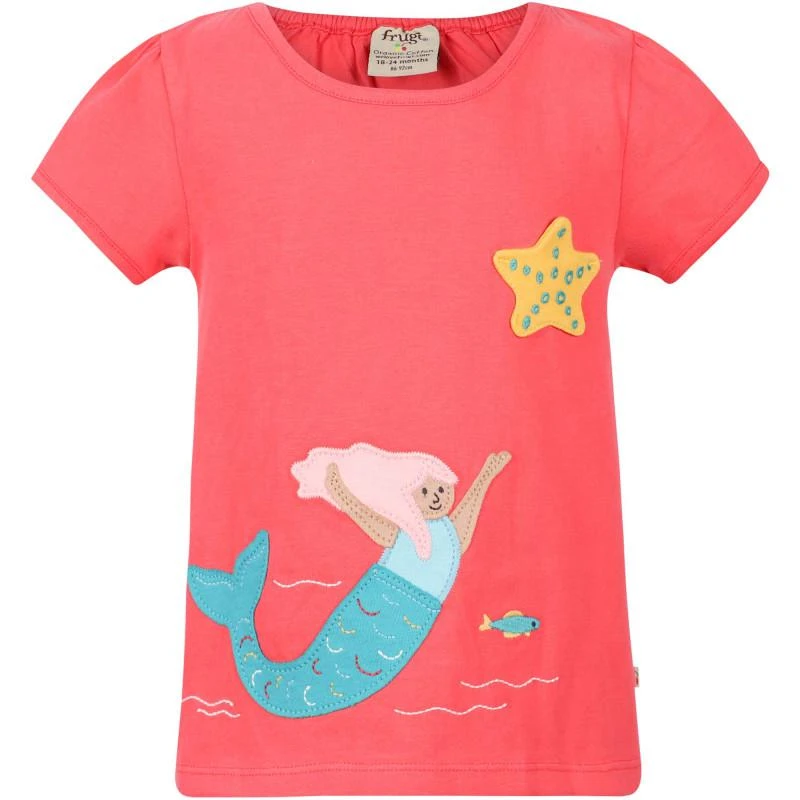 Frugi Appliqued mermaid and unicorn organic t shirt set in red and green 2