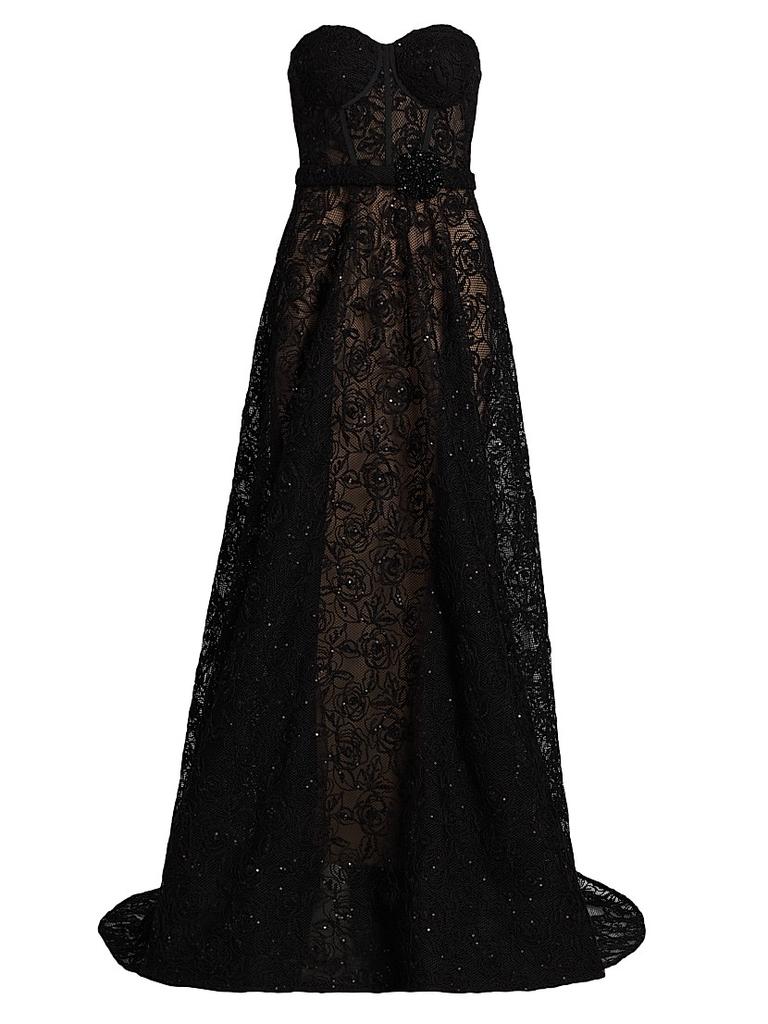 Pamella Roland Floral Lace Sequinned A-Line Gown