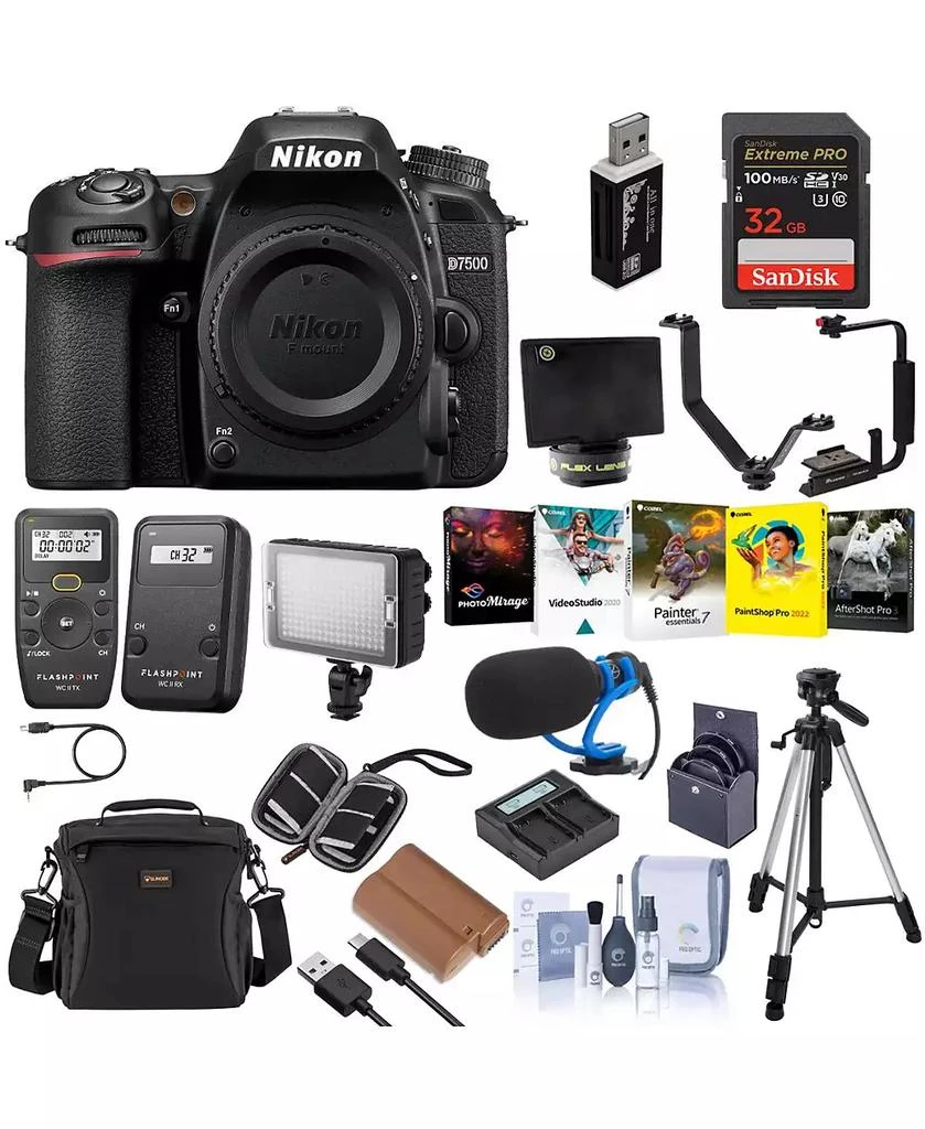 Nikon D7500 DX-format DSLR Camera, Black, Bundle with 64GB Memory Card, Battery, Transmitter, Receiver, On-Camera LED Light, PC Software Kit, Tripod