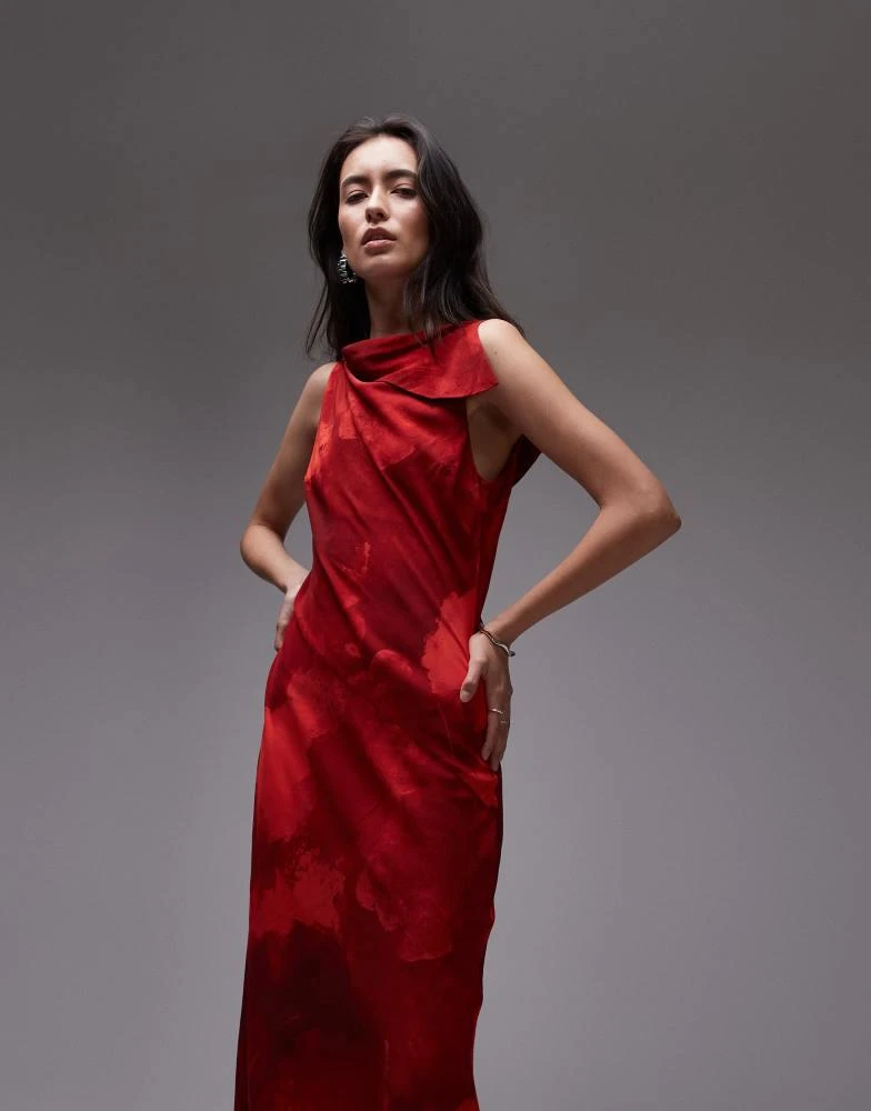 Topshop Topshop asymmetric neck bias cut midi dress in red mineral