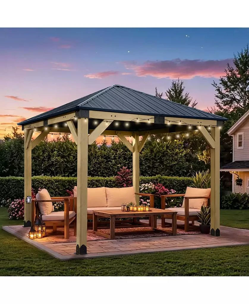Aoodor 10 x 10 ft Wooden Frame Gazebo with Galvanized Metal Hardtop Roof, Outdoor Patio Gazebo with Charging Socket 9