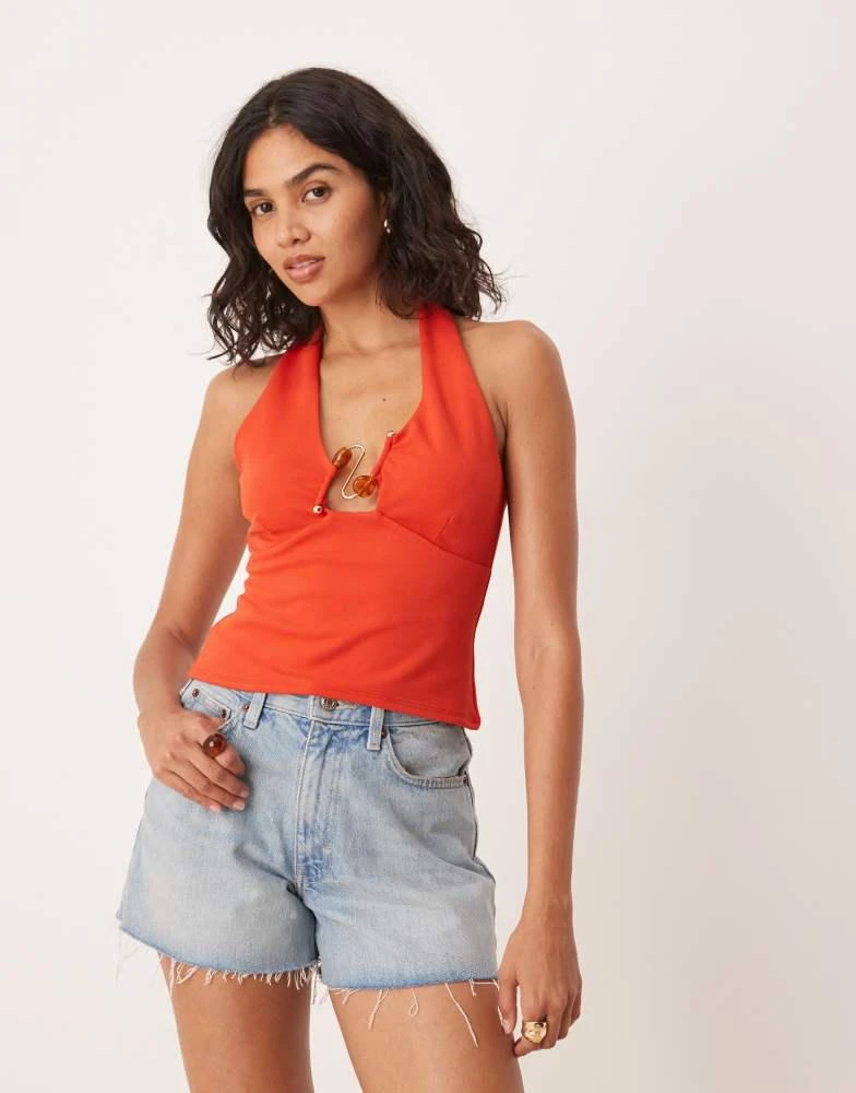 ASOS ASOS DESIGN halter neck top with beaded trim detail in burnt orange 1