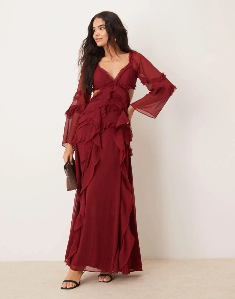 ASOS ASOS DESIGN ruffle v neck long sleeve maxi dress in burgundy 1