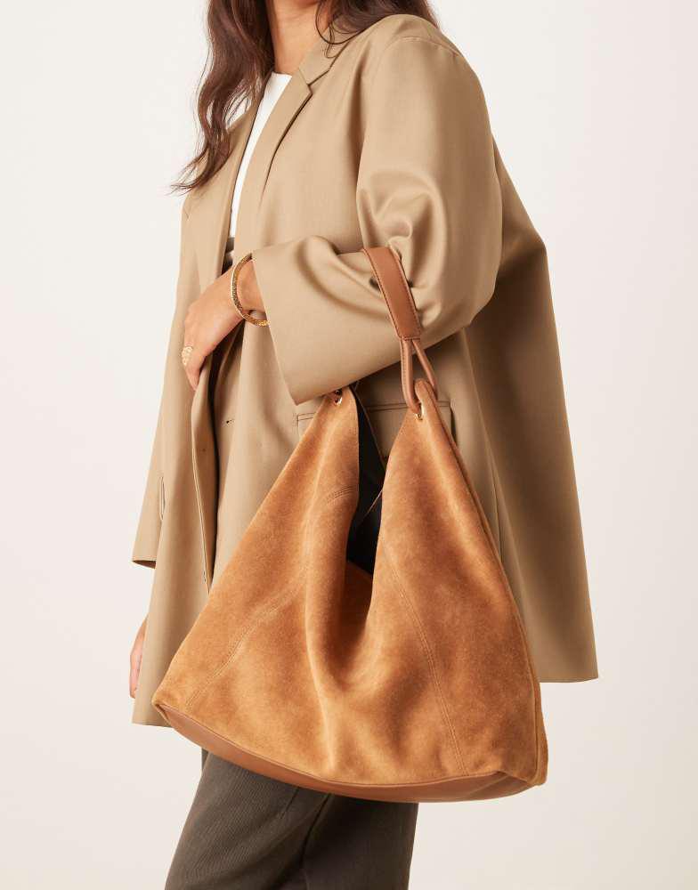 ASOS ASOS DESIGN suede tote bag with loop detail handle in tan
