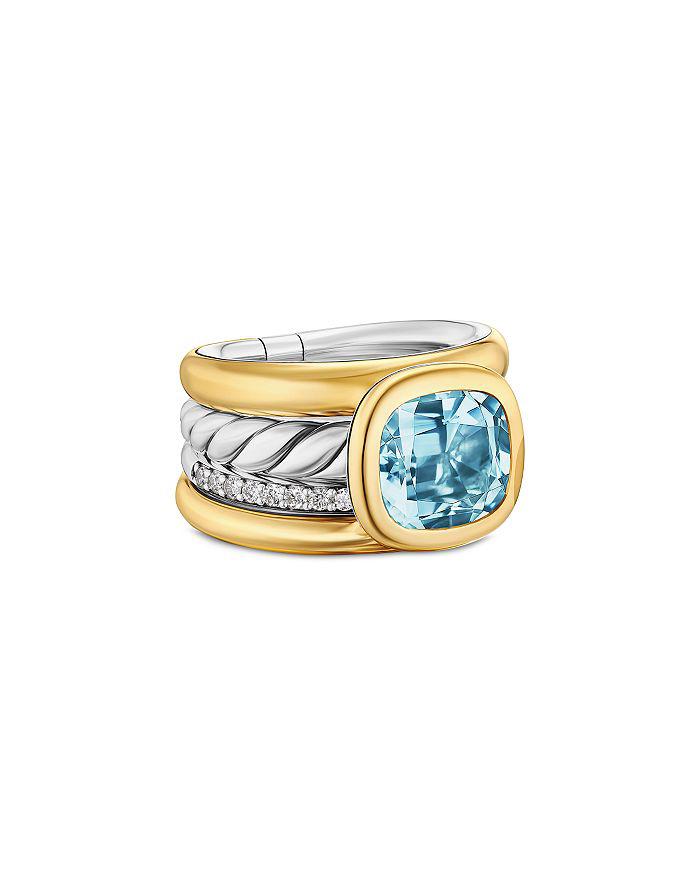 David Yurman DY Mercer® Four Row Stone Ring in Sterling Silver with 18K Yellow Gold, Sky Blue Topaz and Diamonds, 14mm