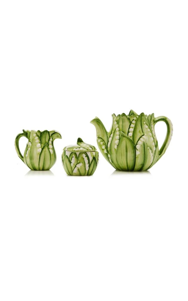 MoDA Moda Domus - Lily Of The Valley Ceramic Teapot; Cream; and Sugar Set - Green - Moda Operandi 1