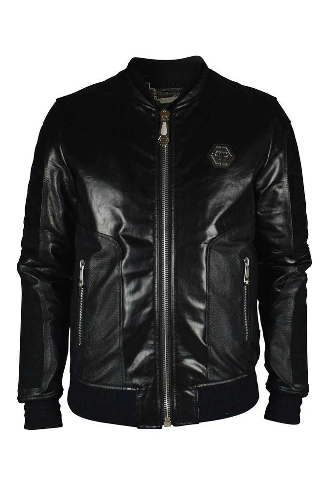 Philipp Plein Black Leather Bomber Jacket With Suede Inserts