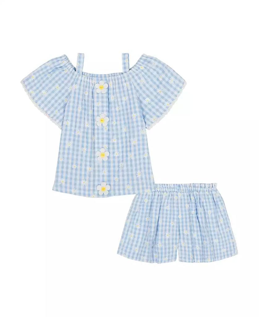 KIDS HEADQUARTERS Toddler and Little Girls 2-Piece Daisy Gingham Drop Top and Needle Knit Shorts Set 1