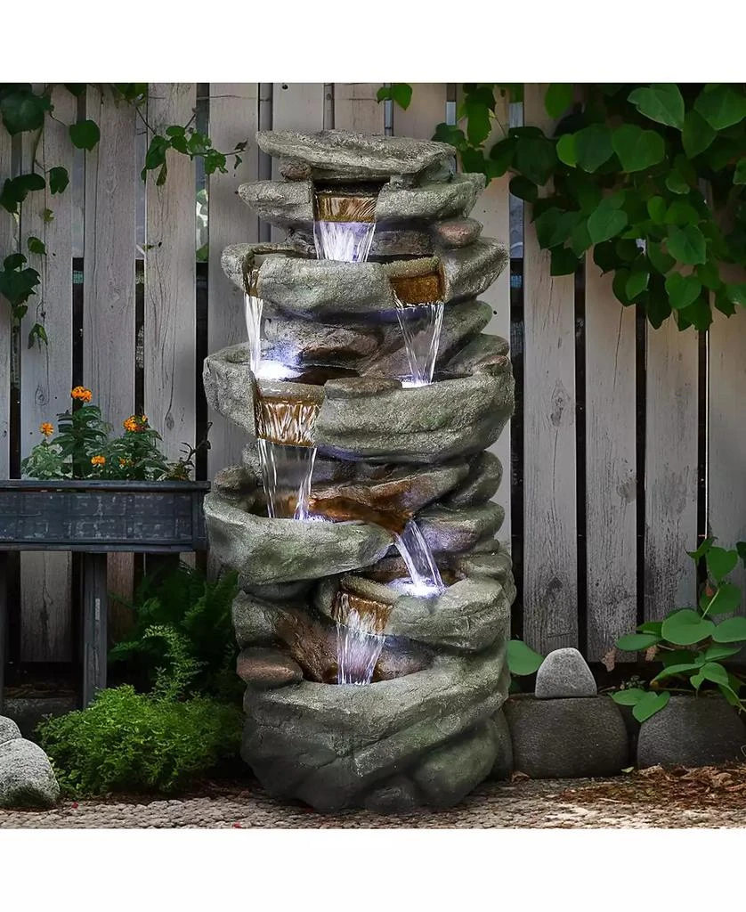 SunJet 40.5” High Rocks Outdoor Water Fountain - 6-Tiers Cascading Waterfall with LED Lights, Soothing Tranquility for Home Garden, Yard Decor