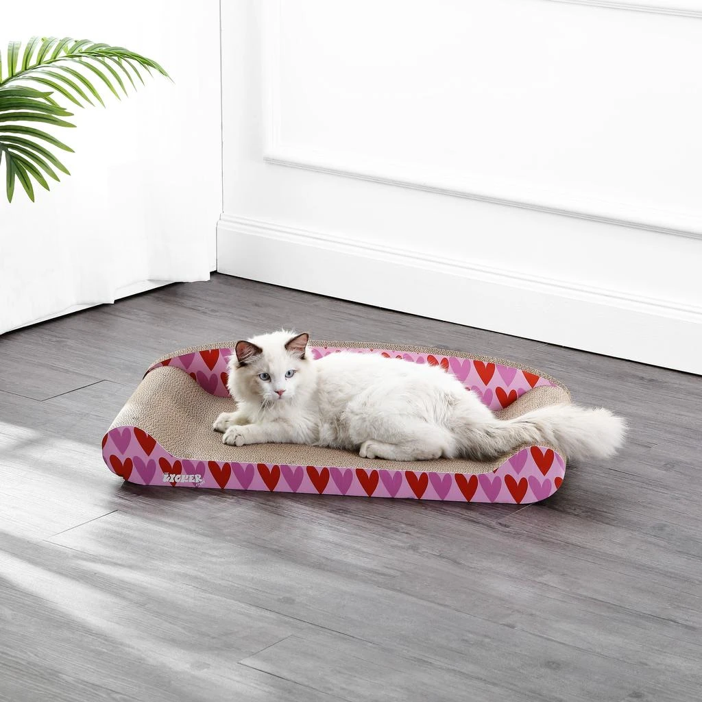 THE LICKER STORE Montego 27.5" Coastal Patterned Cardboard Lounge Bed Cat Scratcher with Catnip, Pink/Red 1