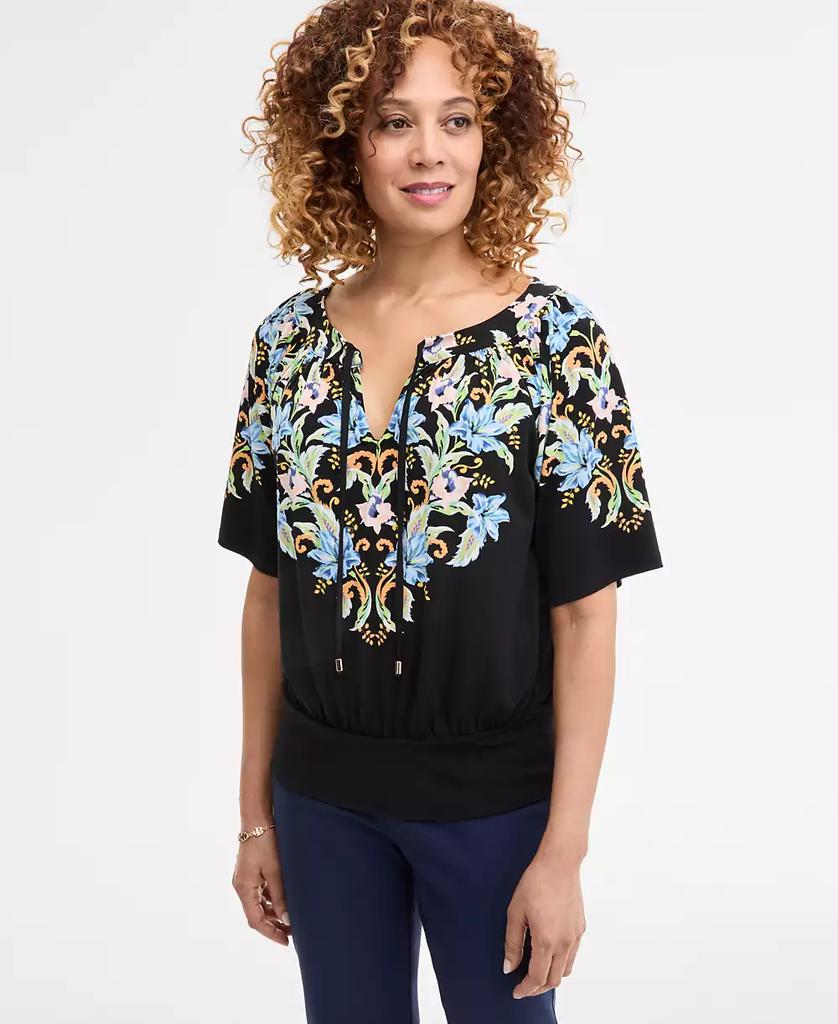 JM Collection Women's Printed Split-Neck Elbow-Sleeve Top, Exclusively at Macy's