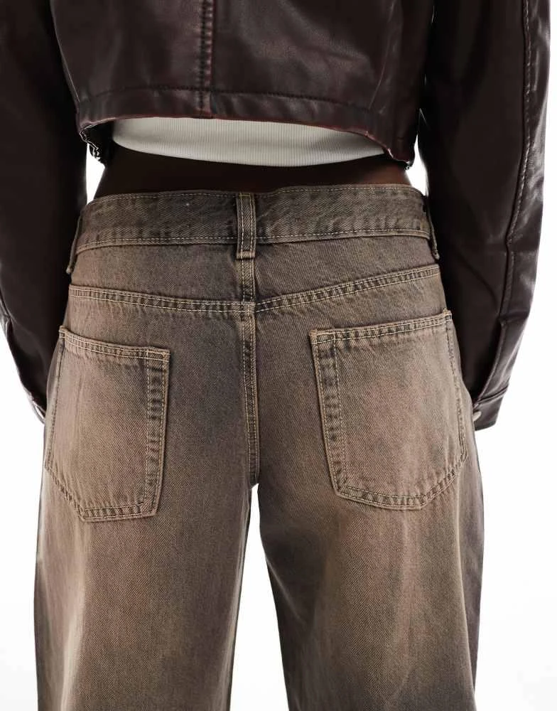 Bershka Bershka baggy wide leg jeans in washed brown 5