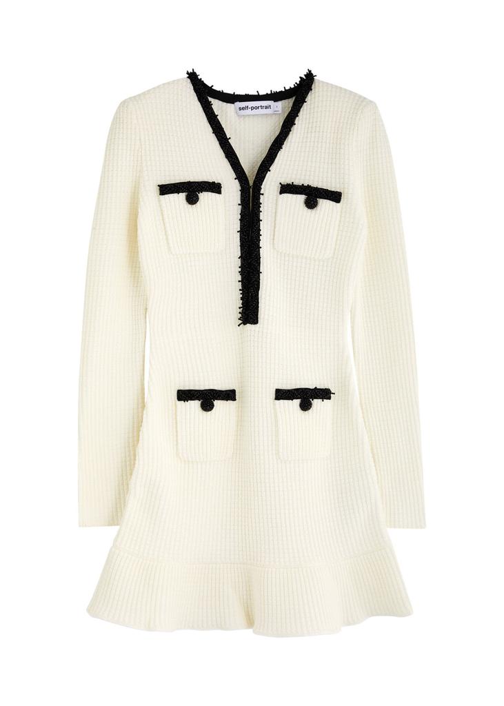Self Portrait Pearl-trimmed waffle-knit mini dress
