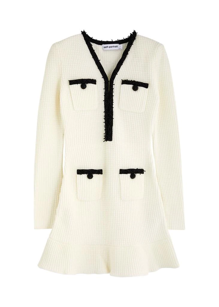Self Portrait Pearl-trimmed waffle-knit mini dress 1