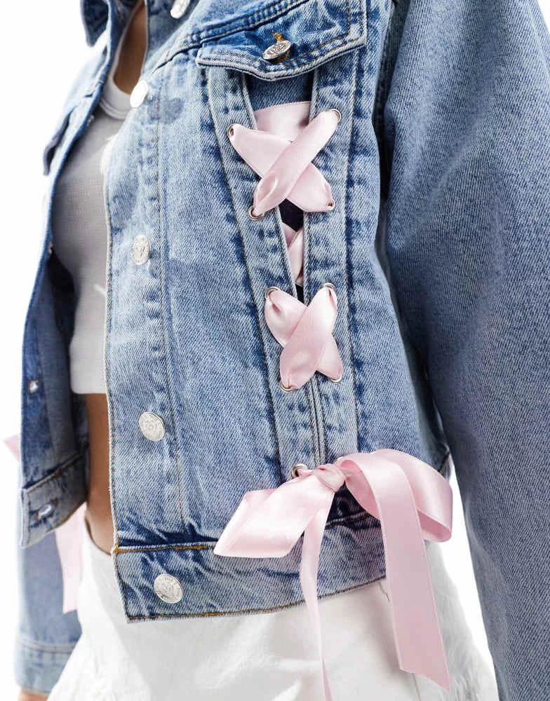 Miss Selfridge Miss Selfridge satin ribbon tie detail denim girlfriend jacket in mid blue wash 3