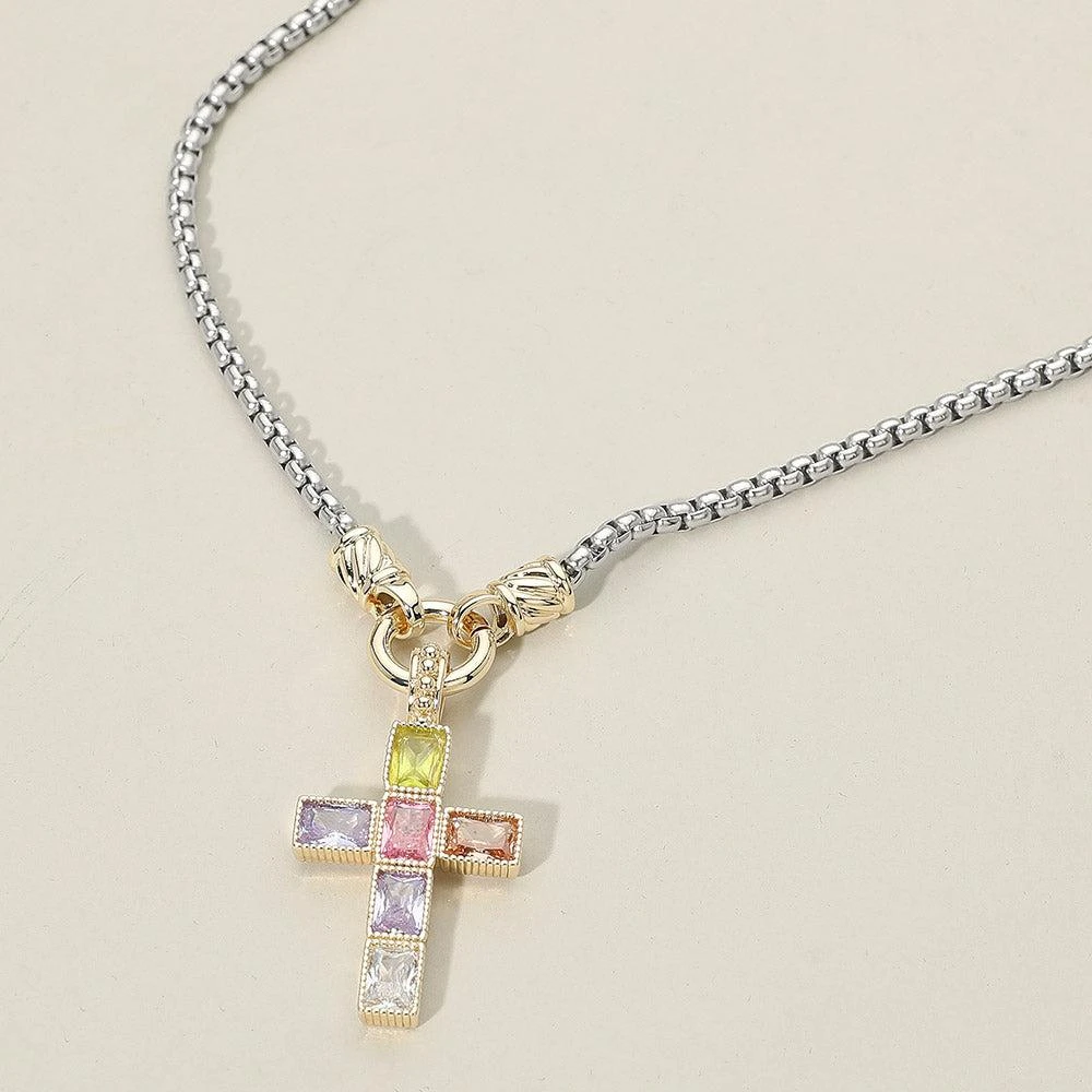 FASHNZFAB 14K Gold Plated Two Tone Square CZ Stone Cross Pendant Necklace