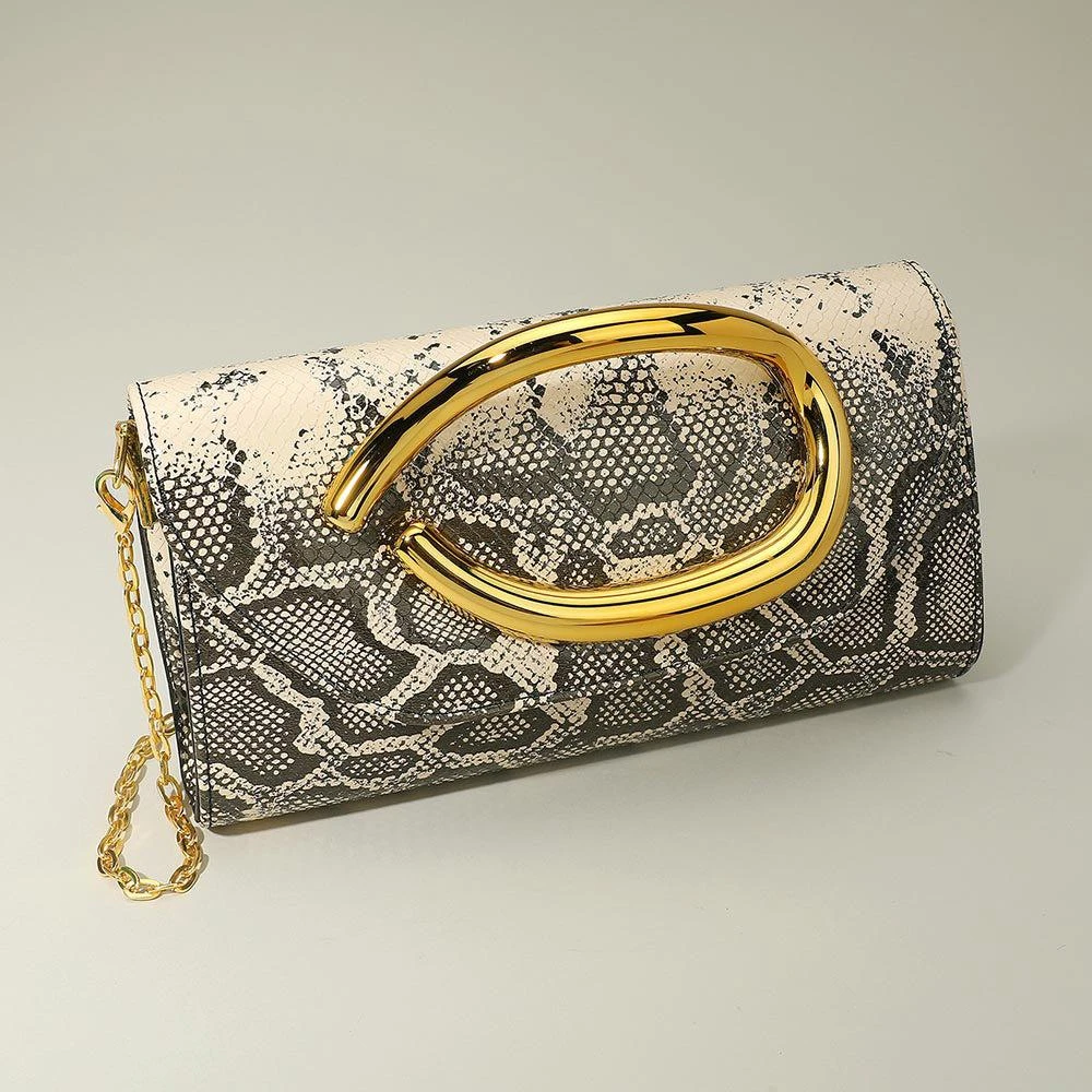 FASHNZFAB Bold Hardware Accent Snake Pattern Faux Leather Evening Clutch Bag Crossbody Bag