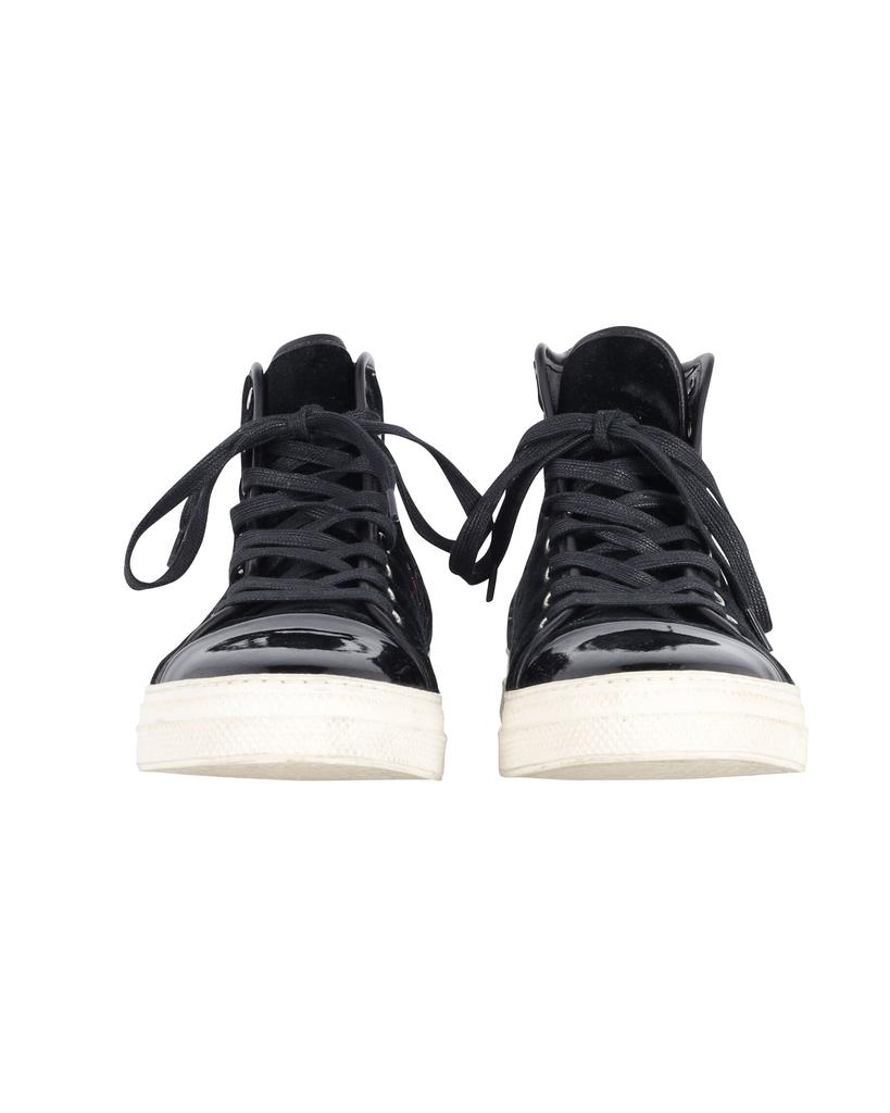 MOTHER OF PEARL Mother Of Pearl Embroidered High Top Sneakers in Black Patent Leather and Suede