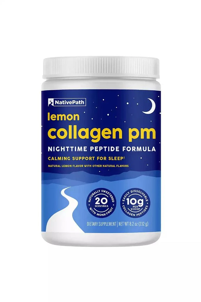 NativePath Collagen PM - Lemon Nighttime Collagen Peptides Powder with Magnesium, GABA, L-Theanine and Melatonin - 20 Servings