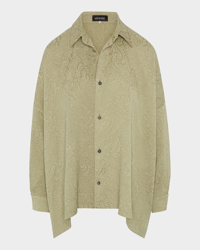 Eskandar Damask Cloque Wide Longer-Back Shirt With Collar (Mid Plus Length)