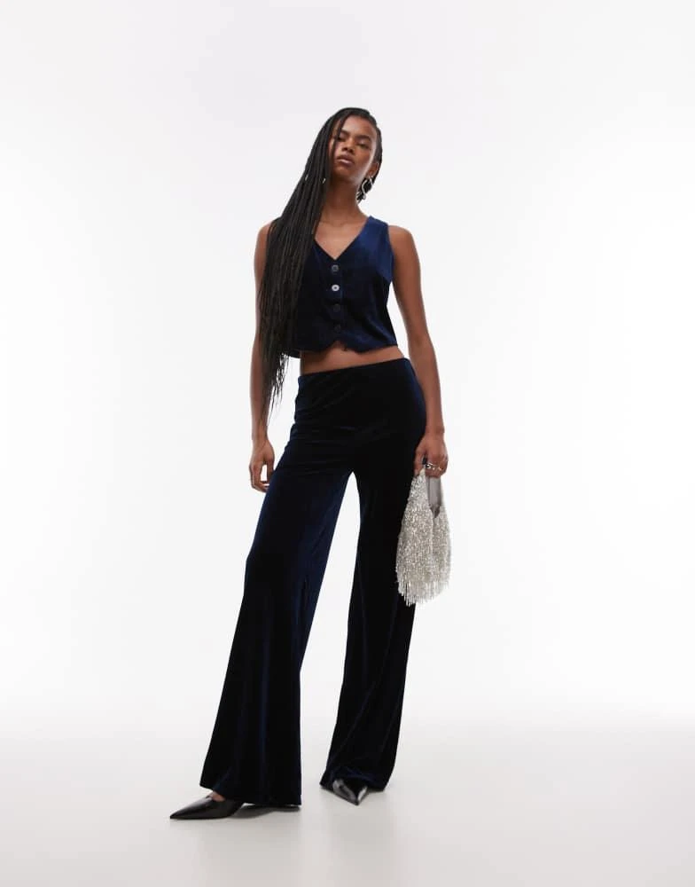 Mango Mango velvet wide leg trouser co-ord in navy 1