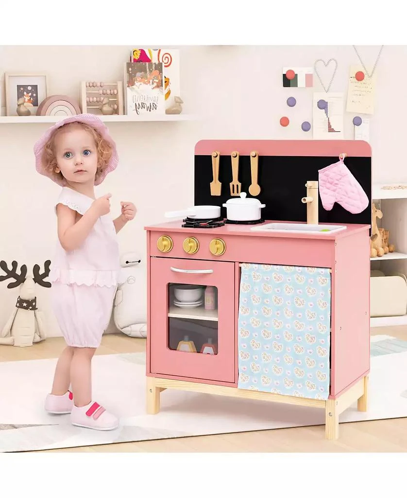 HONGGE Wooden Play Kitchen for Kids with Door Curtain and Cooking Accessories - Pink 4