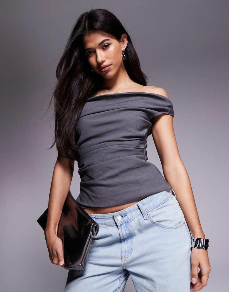 Princess Polly Princess Polly ruched drape detail bardot top in charcoal