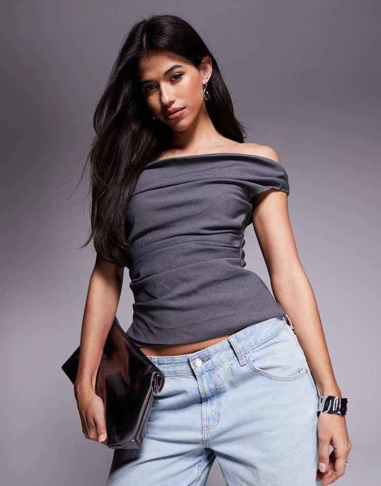Princess Polly Princess Polly ruched drape detail bardot top in charcoal 1