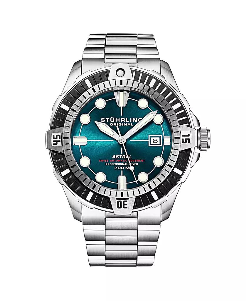 Stuhrling Men s Astral Diver 44mm Swiss Automatic Watch, Teal Dial, Stainless Steel Bracelet, Rotating Bezel, 200M Water Resistant