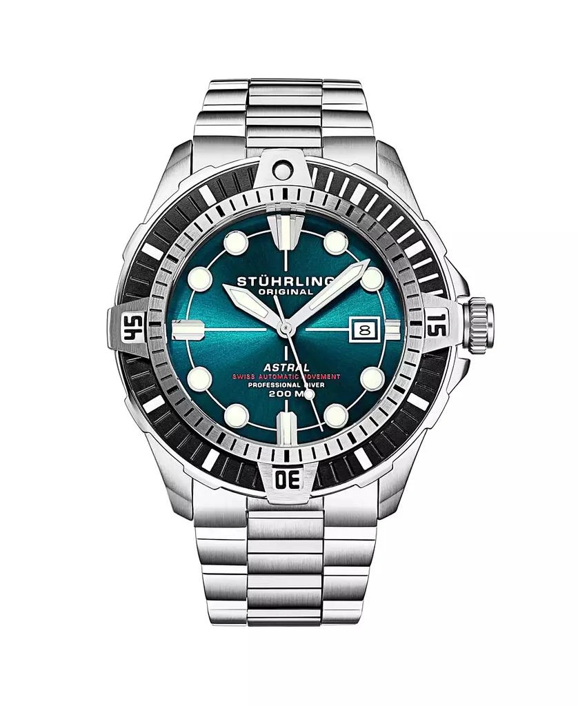 Stuhrling Men s Astral Diver 44mm Swiss Automatic Watch, Teal Dial, Stainless Steel Bracelet, Rotating Bezel, 200M Water Resistant 1