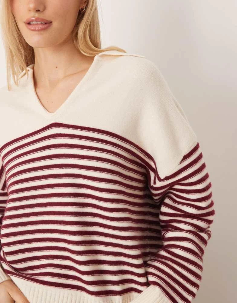 Mango Mango v neck knitted polo top in burgundy stripe 3