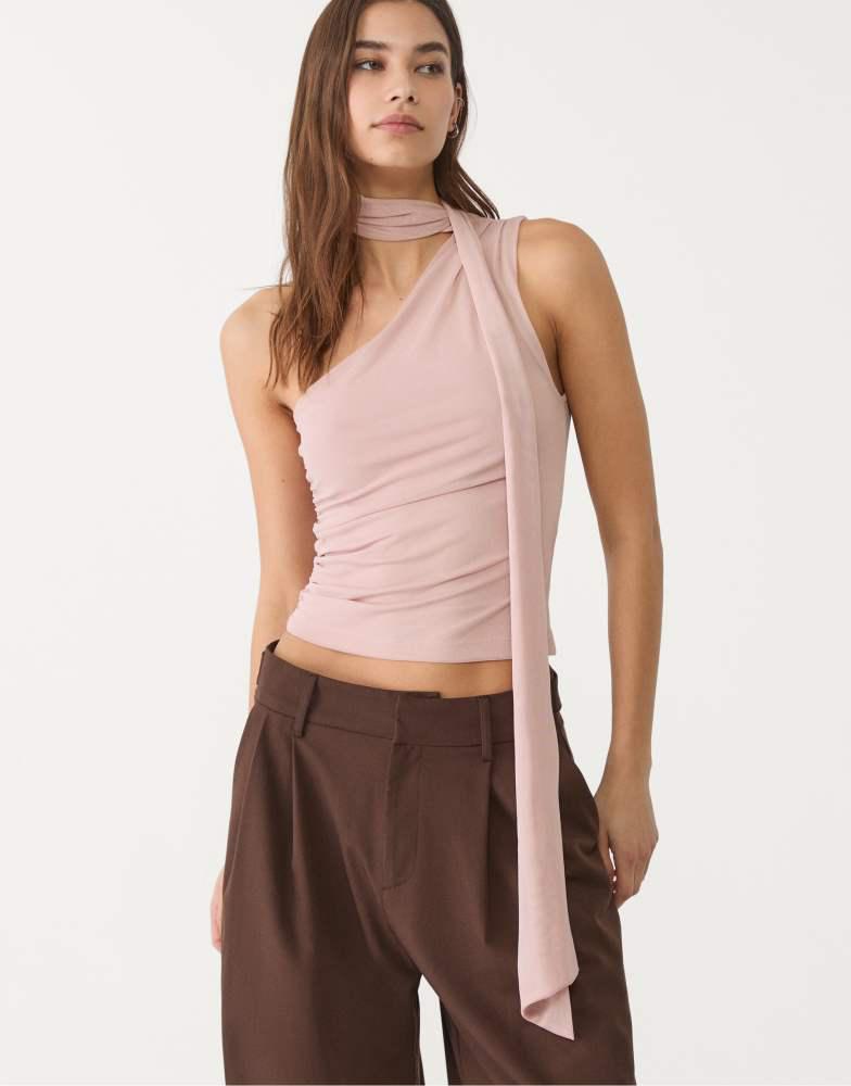 Stradivarius Stradivarius asymmetric tulle top with scarf in dusty rose