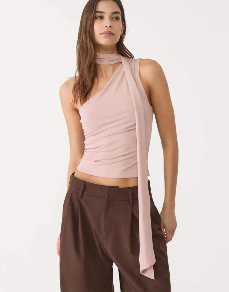 Stradivarius Stradivarius asymmetric tulle top with scarf in dusty rose 1
