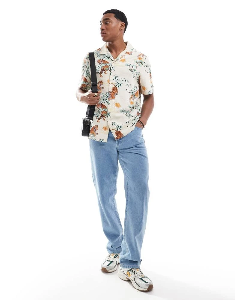 French Connection Mens French Connection short sleeve revere shirt in white tiger print 4
