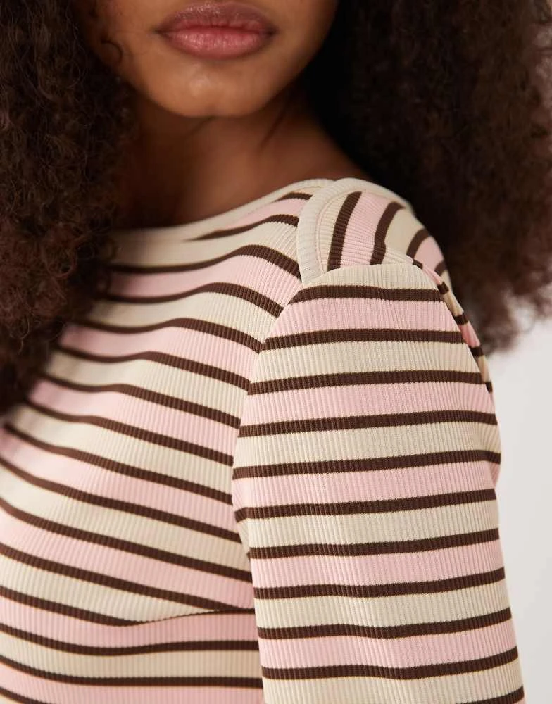 ASOS ASOS DESIGN boatneck angel sleeve top with binding detail in chocolate and light pink stripe 3