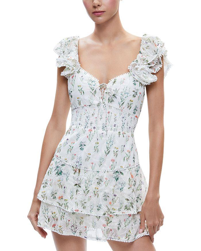 Alice + Olivia Hartford Floral Smocked Ruffle Sleeve Dress