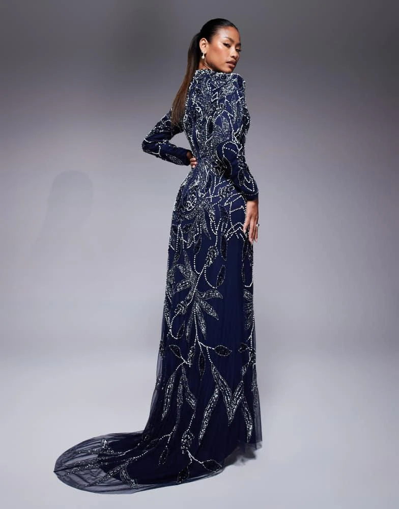 Beauut Beauut Safa embellished long sleeve maxi dress in navy 4