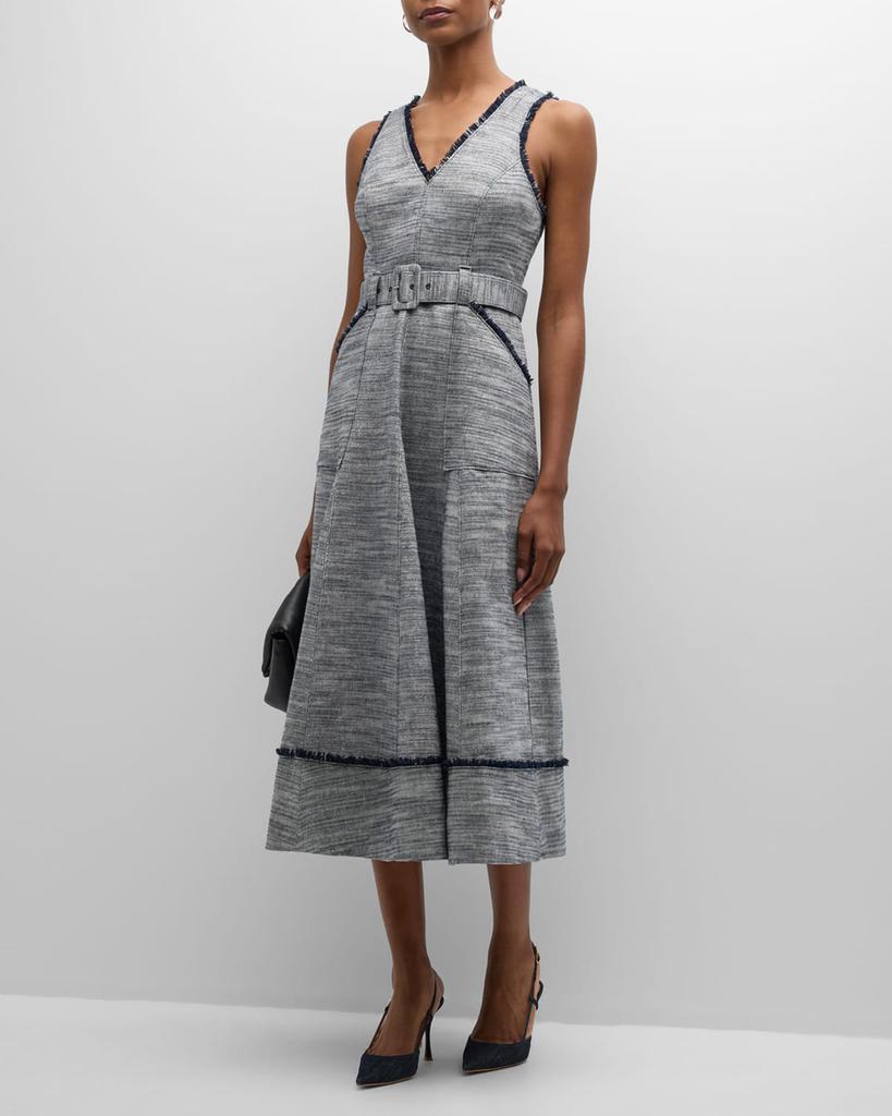 Cinq a Sept Tadi Belted Cotton Linen V-Neck Midi Dress