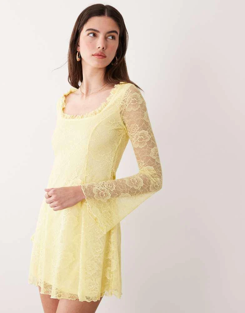 Miss Selfridge Miss Selfridge fit and flare lace mini dress in lemon yellow