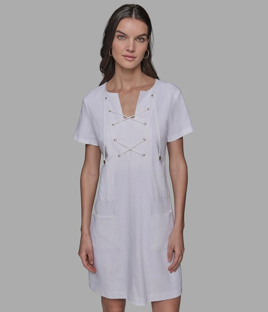 Karl Lagerfeld Paris SHORT SLEEVE LACE UP LINEN DRESS 4