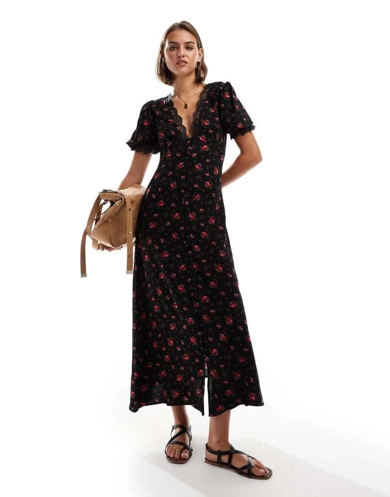 Miss Selfridge Miss Selfridge lace trim button through maxi dress in rose print 1