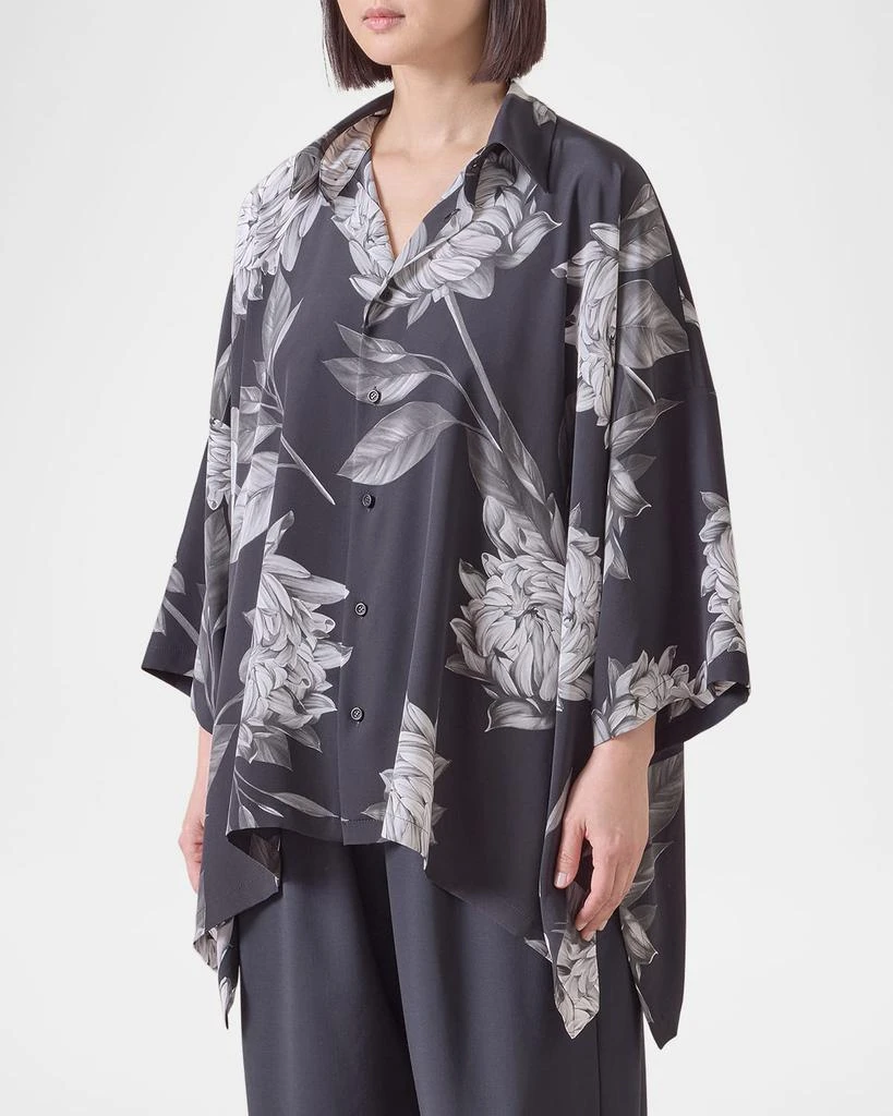 Eskandar Large Peony Silk Print Short-Sleeve Shirt With Collar (Mid Plus Length) 4