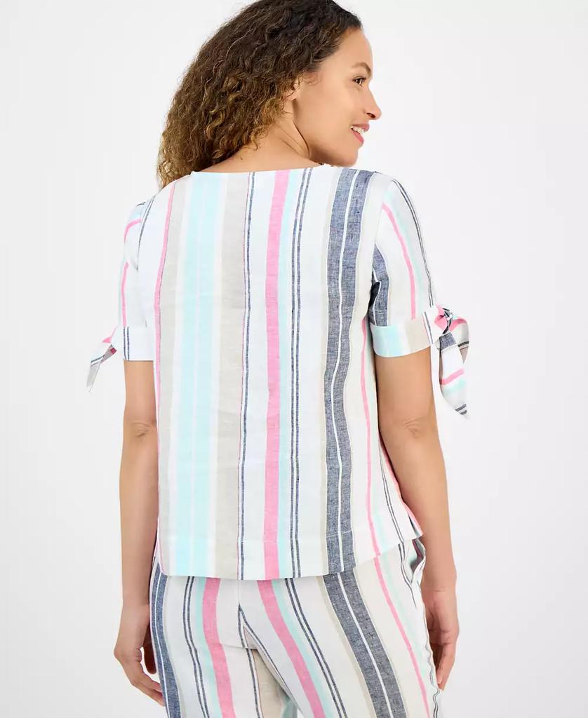 Charter Club Petite Linen Striped Tie-Cuff Short-Sleeve Top, Exclusively at Macy's