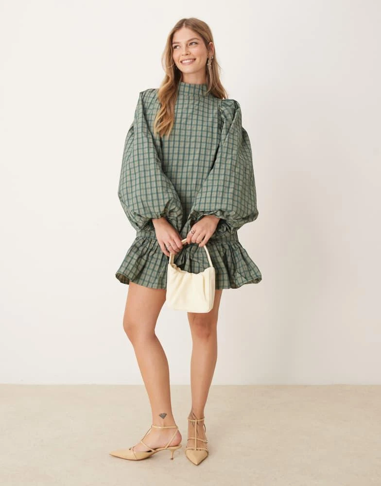 Ghospell Ghospell check print mini dress in green 3