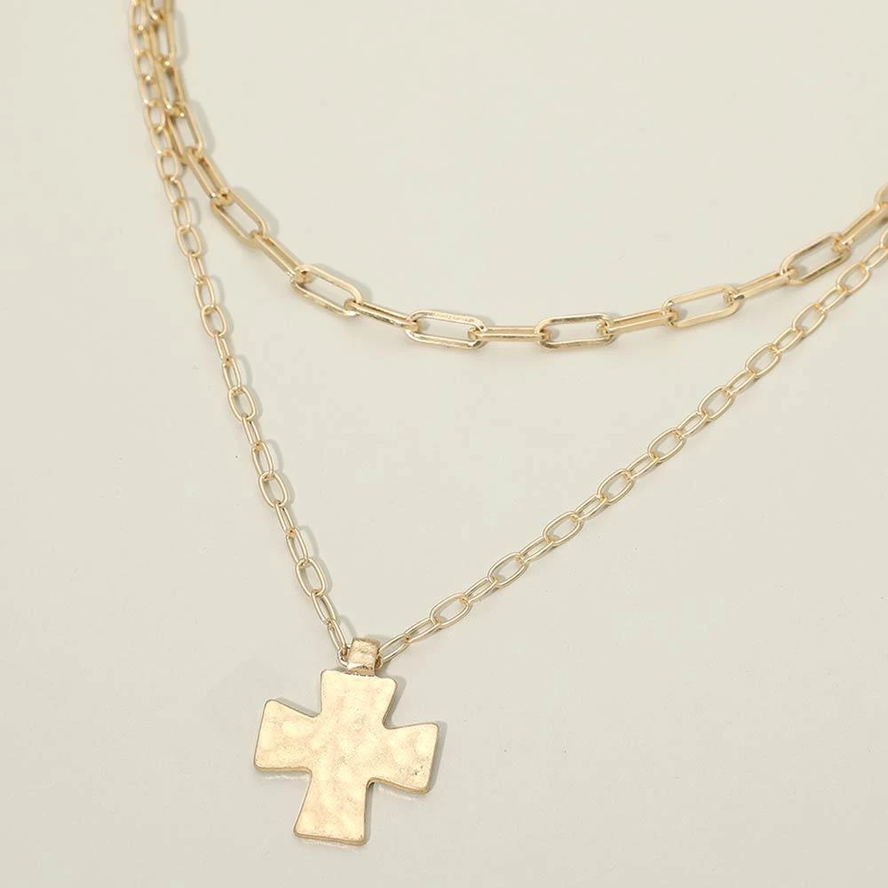 FASHNZFAB Hammered Metal Cross Pendant Double Layered Necklace