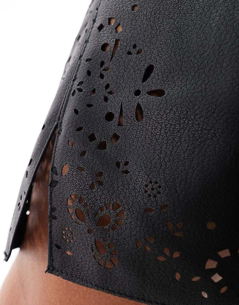 French Connection French Connection faux leather mini skirt with embroidery in tonal black 2