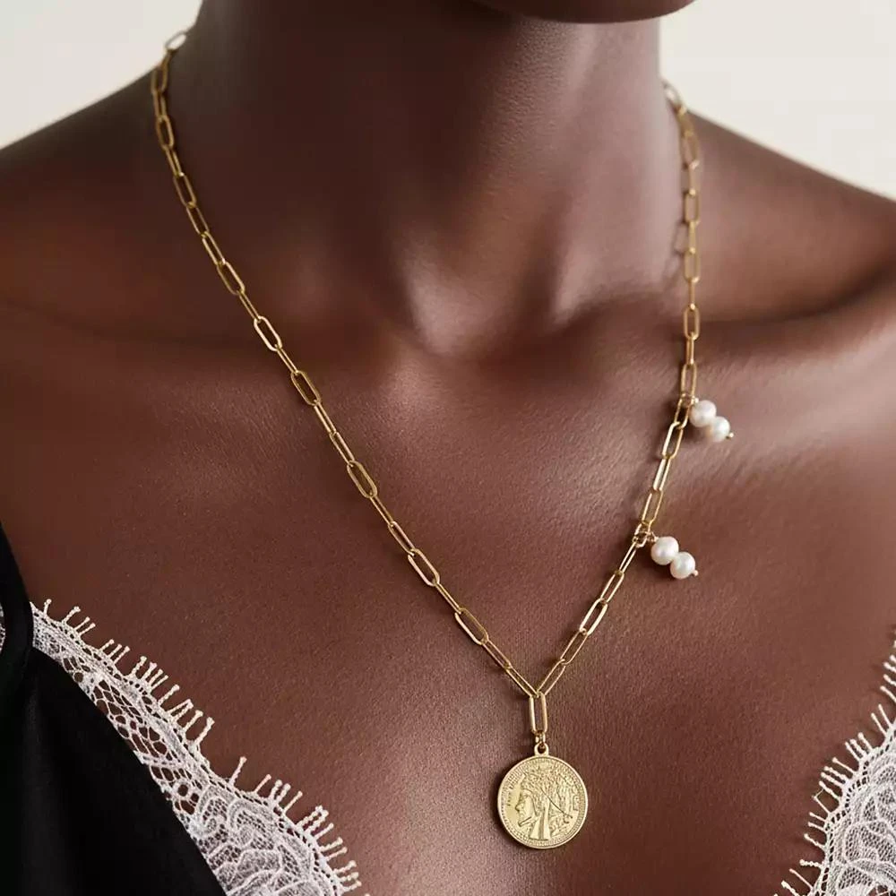 Joey Baby Stainless Steel Chain Necklace with Freshwater Pearls 
Coin Pendant