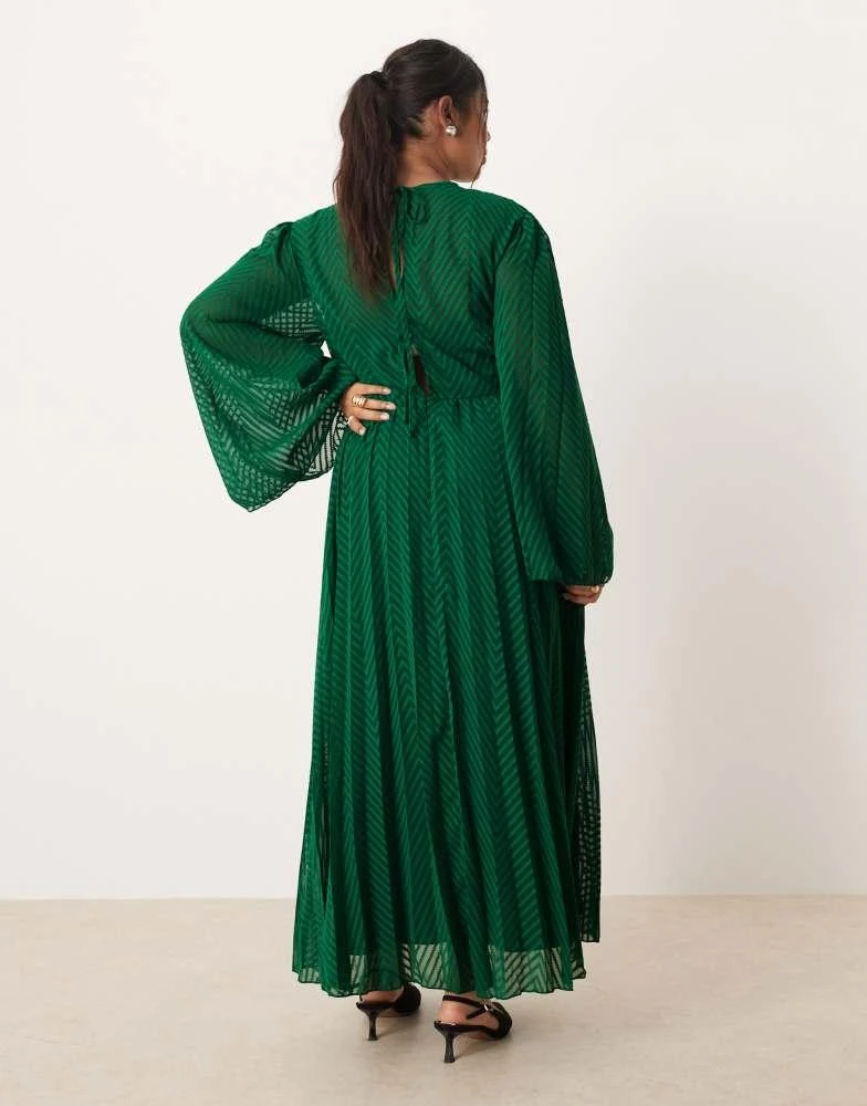 ASOS Design Curve tie back fluted sleeve pleated chevron chiffon midi dress in green