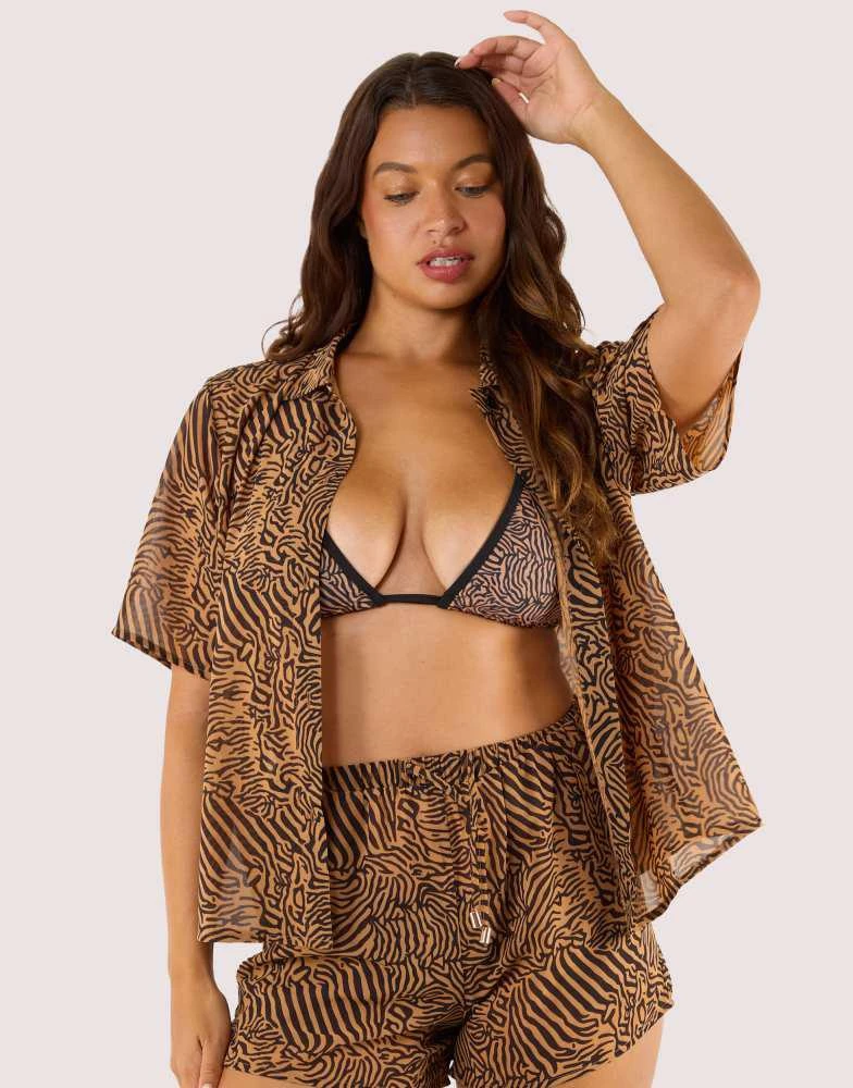 Wolf & Whistle Wolf & Whistle Savana georgette beach shirt in tiger print 3